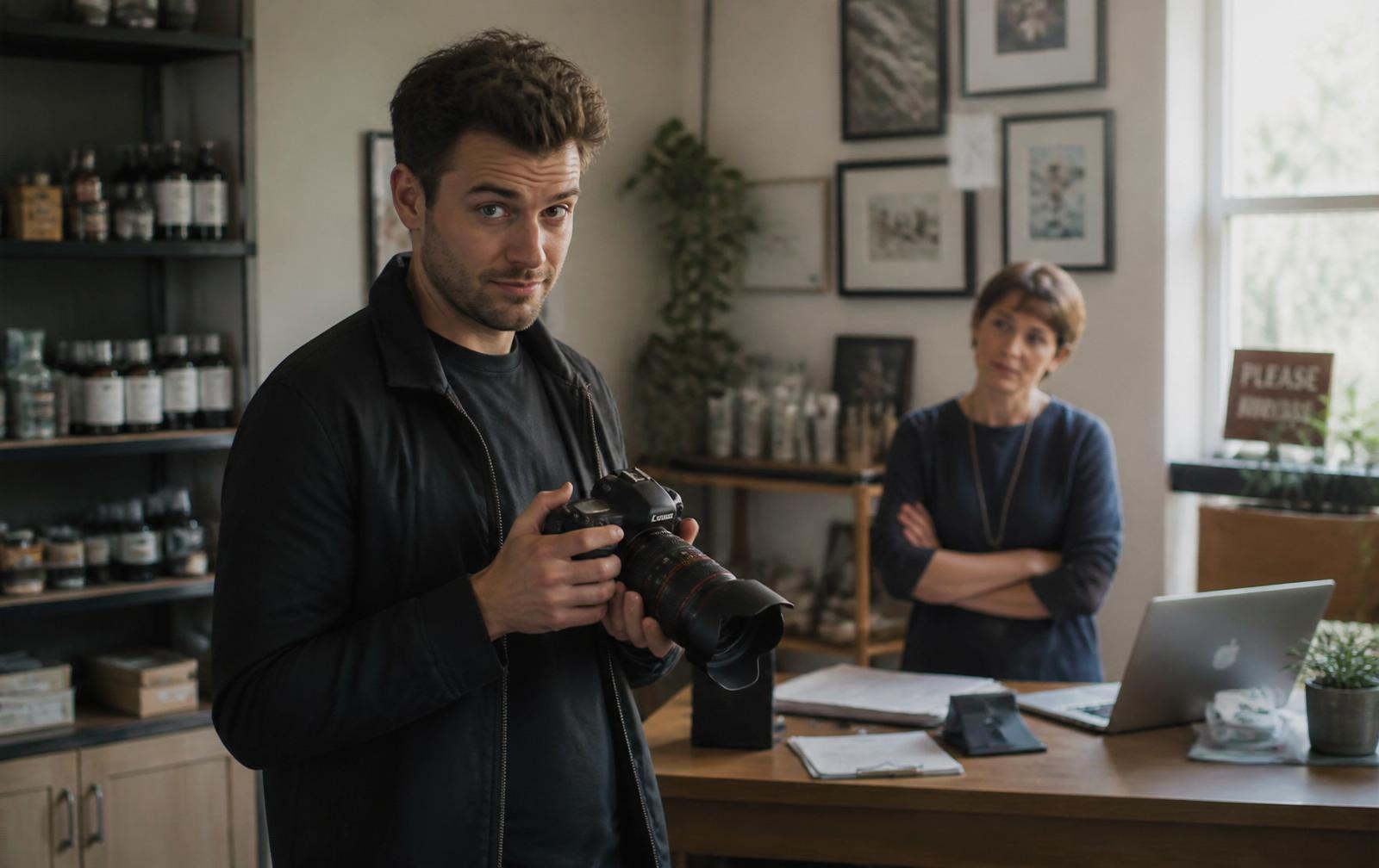 Agency photographer with a professional camera in a small business office