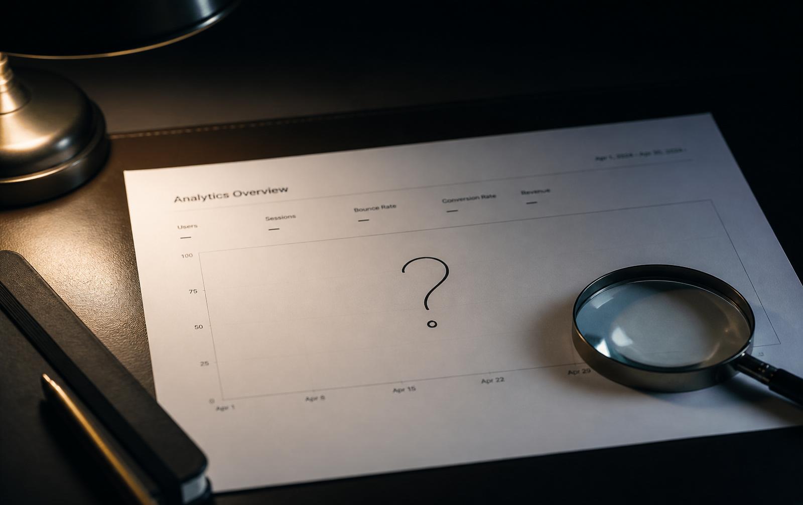 An empty analytics printout with a hand-drawn question mark in place of a chart